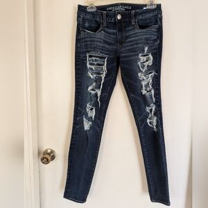 American Eagle 360 Super Stretch Jeggings Jeans 8L Distressed Vintage Dark Wash